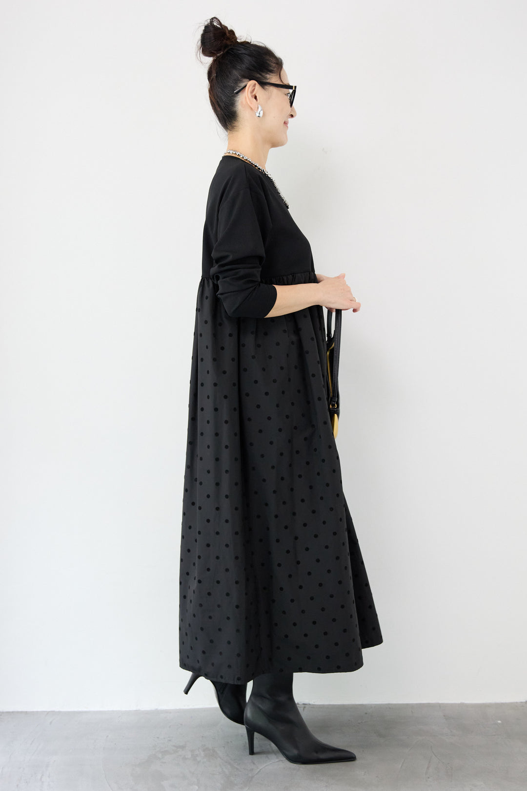 フロッキードット切替ワンピース