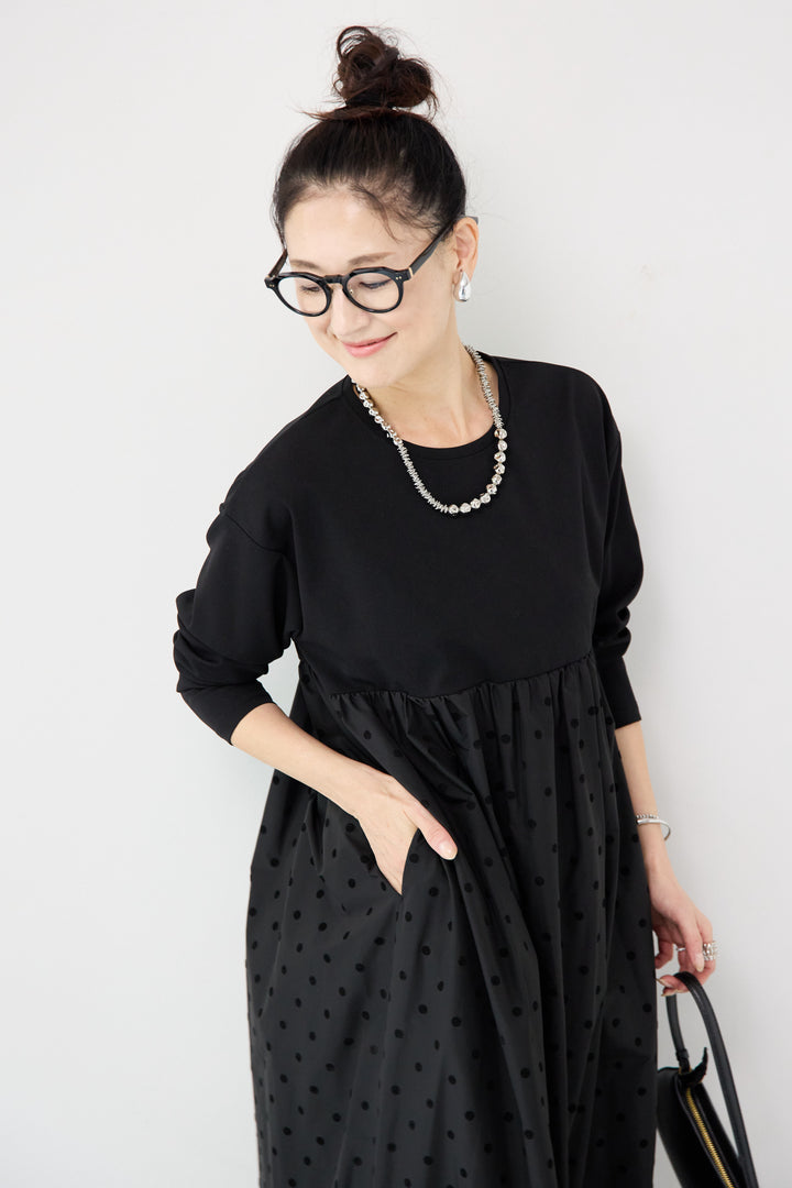 フロッキードット切替ワンピース