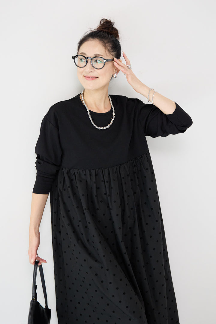 フロッキードット切替ワンピース