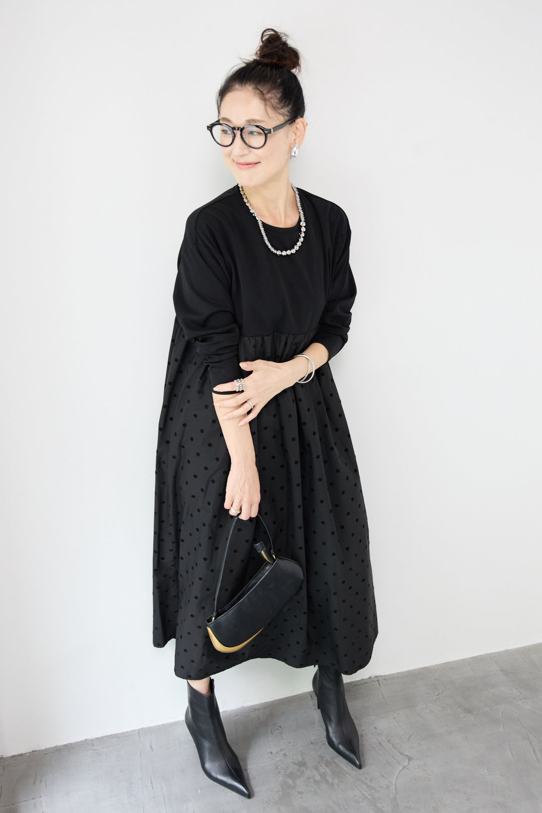 フロッキードット切替ワンピース