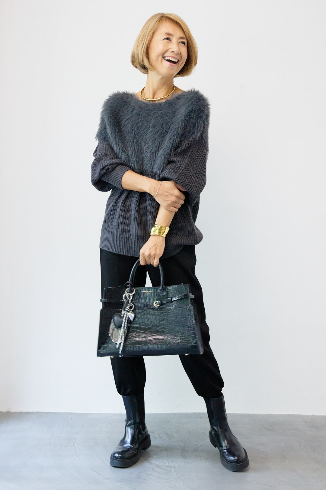 シャギー切替デザインニット