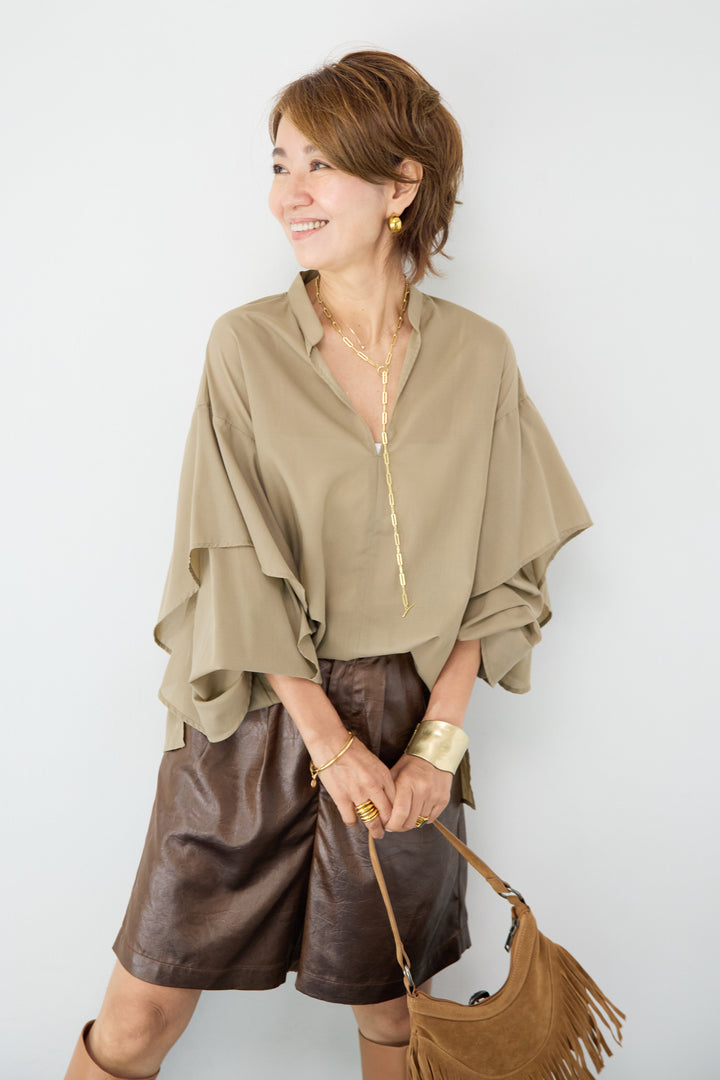 【吸水速乾・防シワ】ラッフルスリーブブラウス