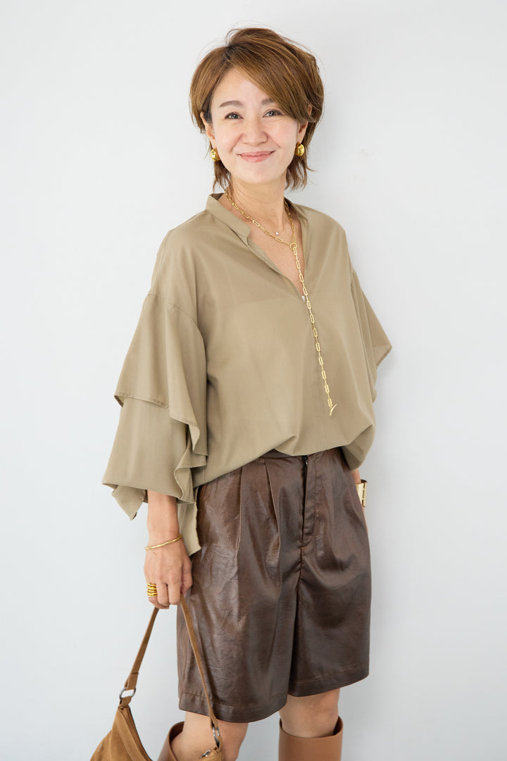 【吸水速乾・防シワ】ラッフルスリーブブラウス