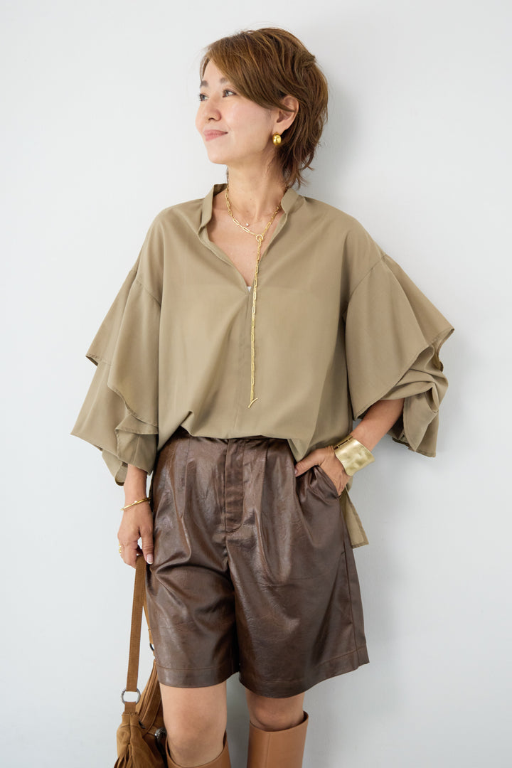 【吸水速乾・防シワ】ラッフルスリーブブラウス