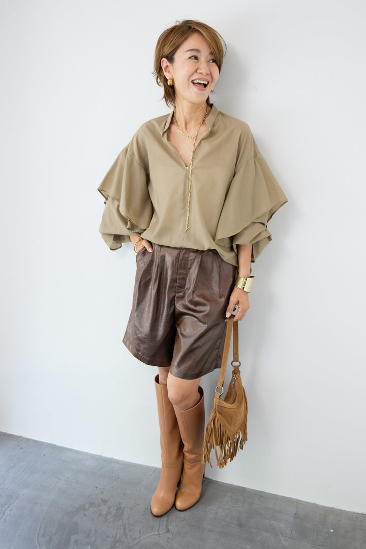 【吸水速乾・防シワ】ラッフルスリーブブラウス