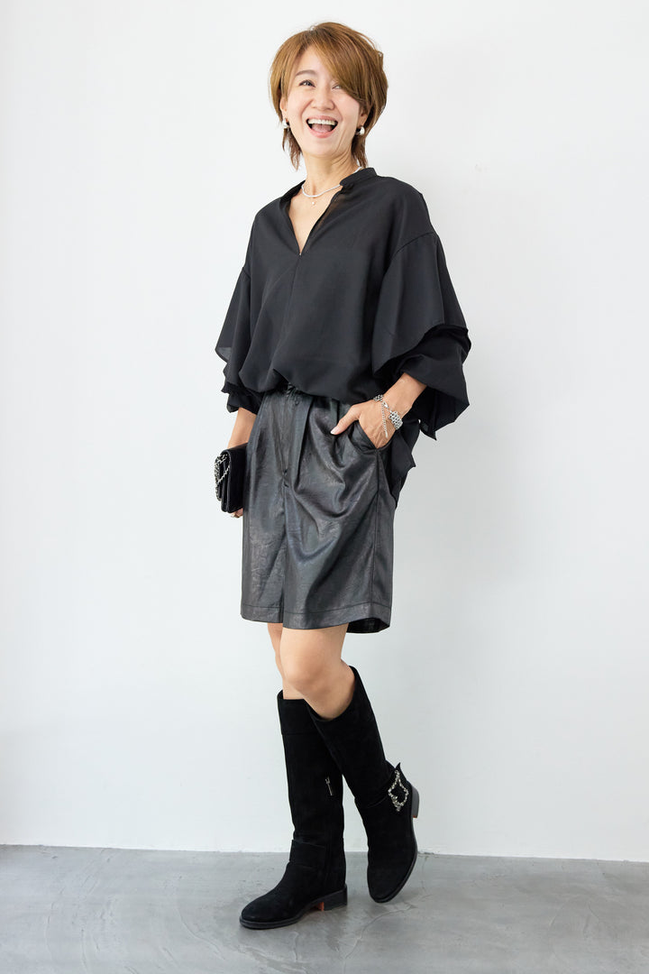 【吸水速乾・防シワ】ラッフルスリーブブラウス