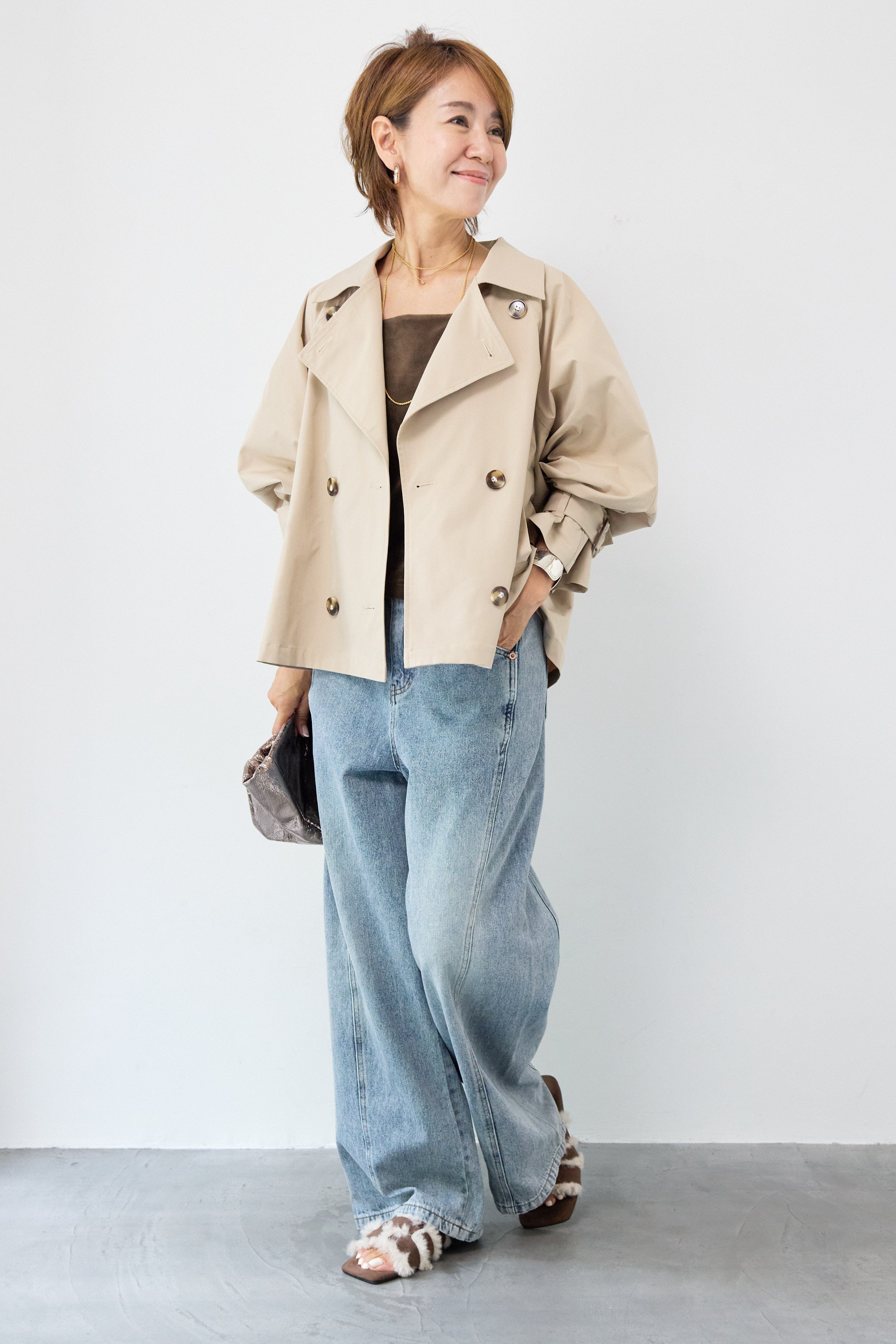 AKMショートトレンチコート セール】【SERACE】Oversize drape stand neck short trench