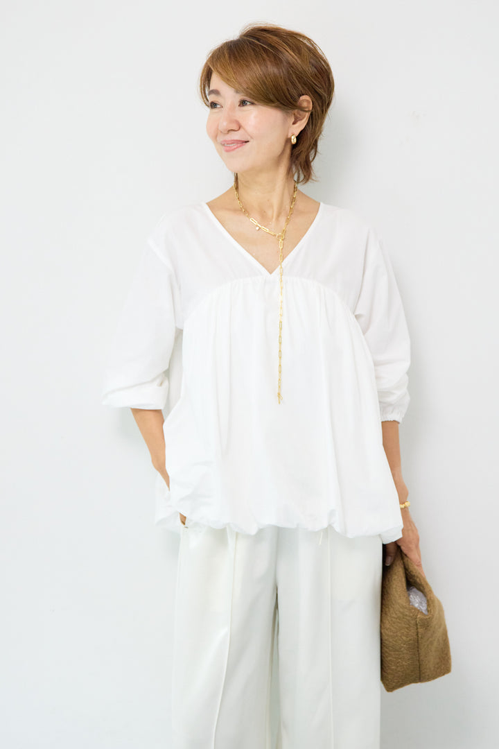 切替バルーンVネックブラウス