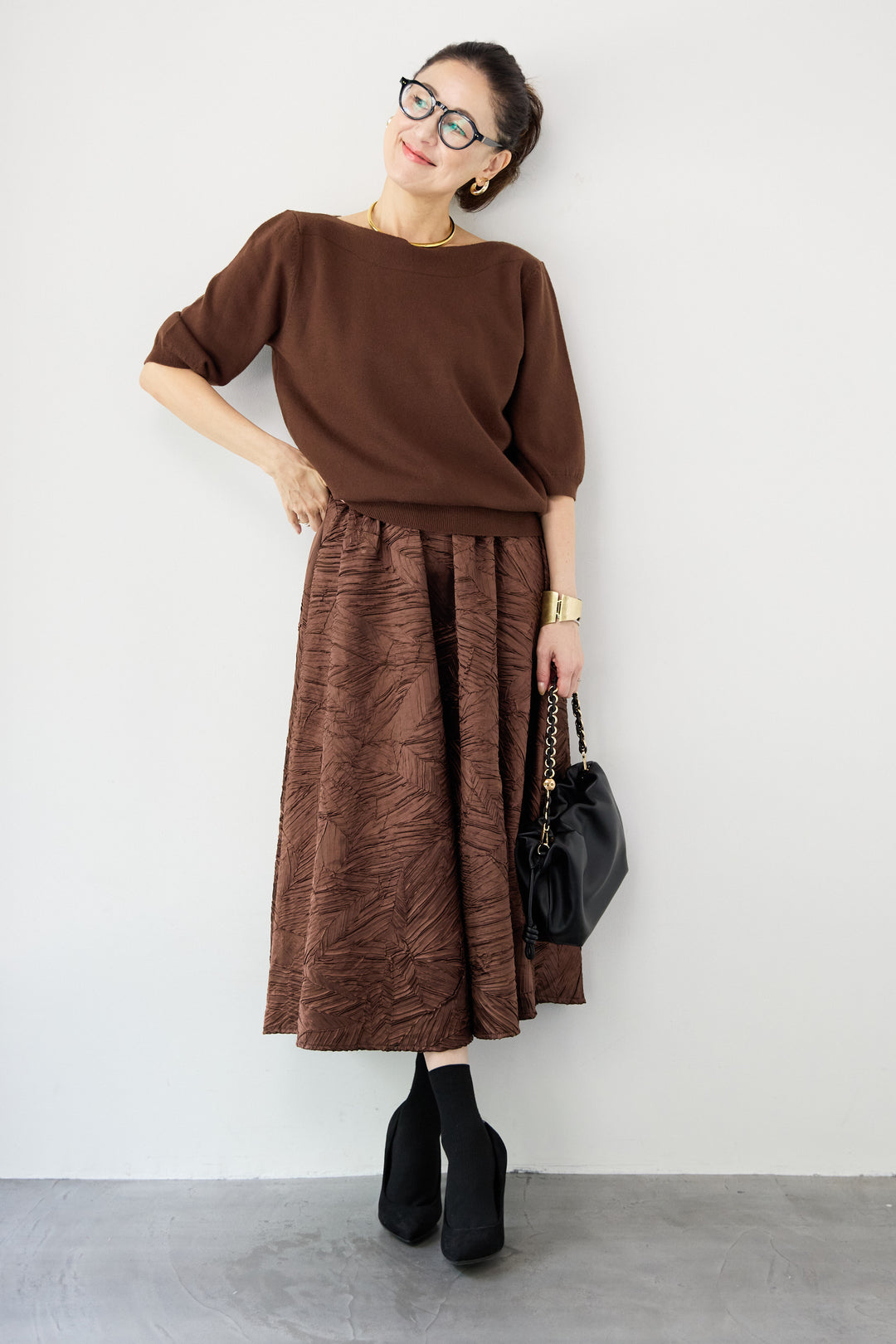 ボートネックハーフスリーブニット