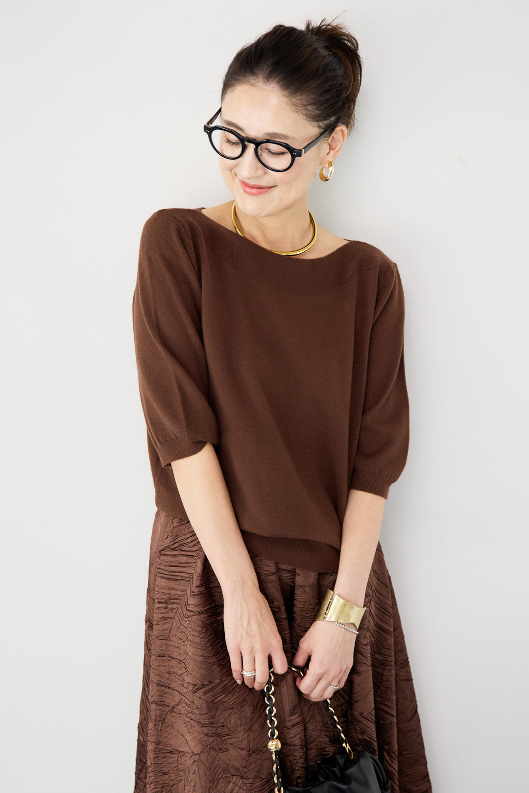 ボートネックハーフスリーブニット