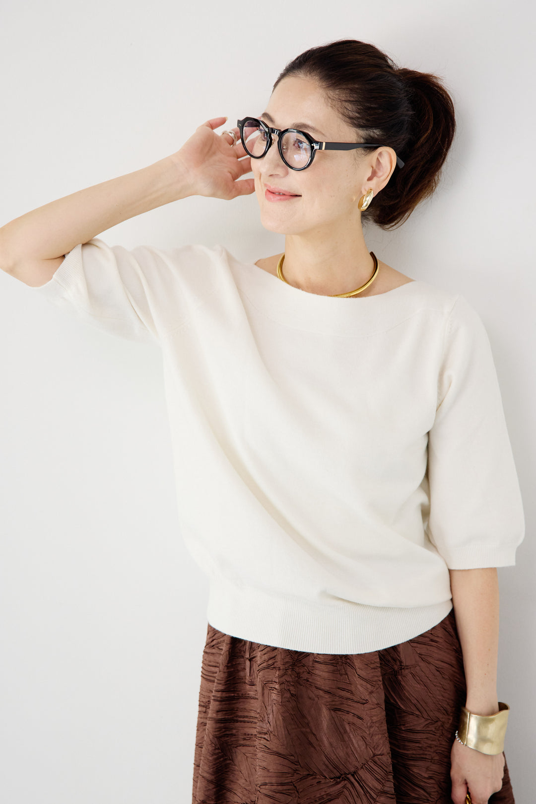 ボートネックハーフスリーブニット