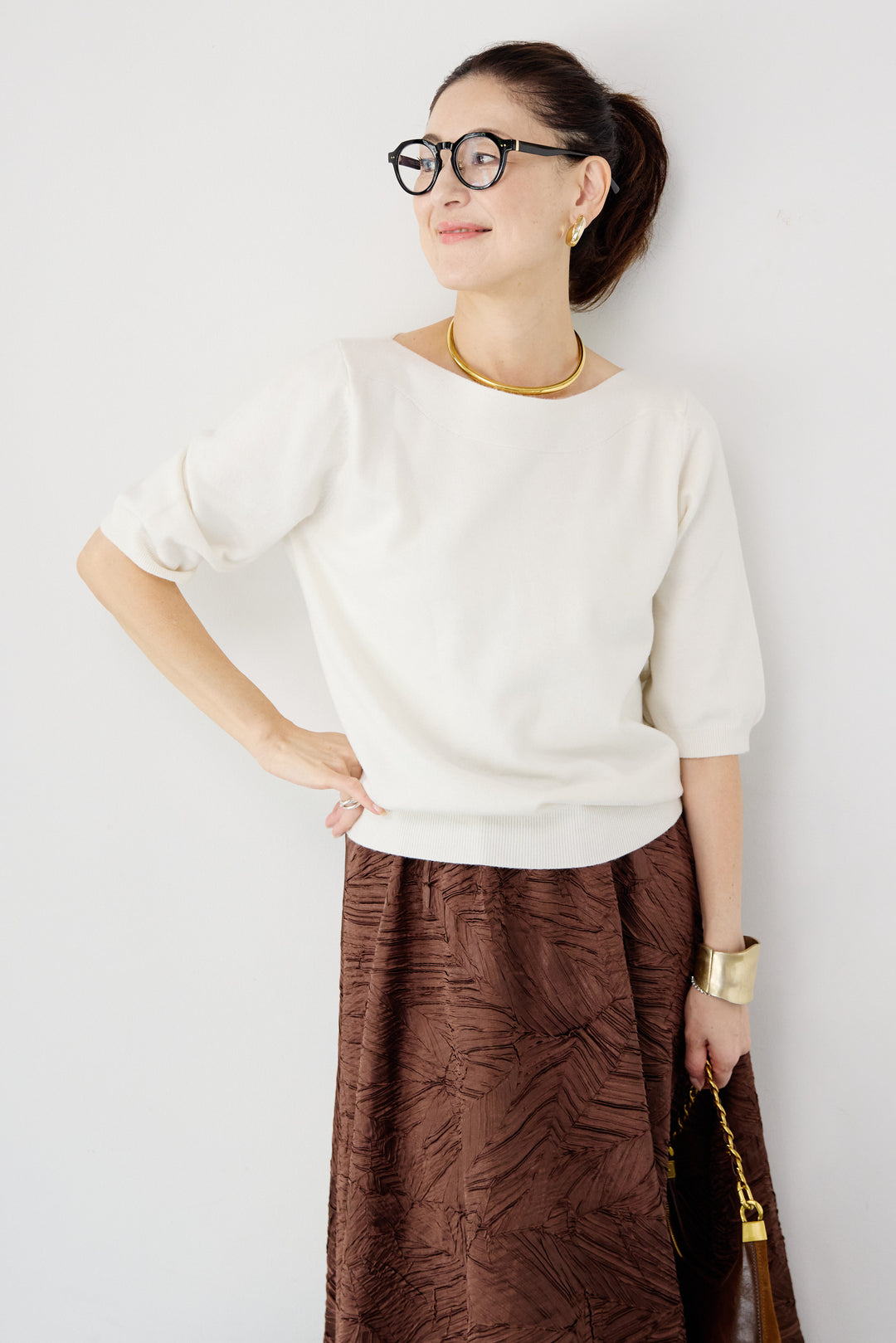 ボートネックハーフスリーブニット