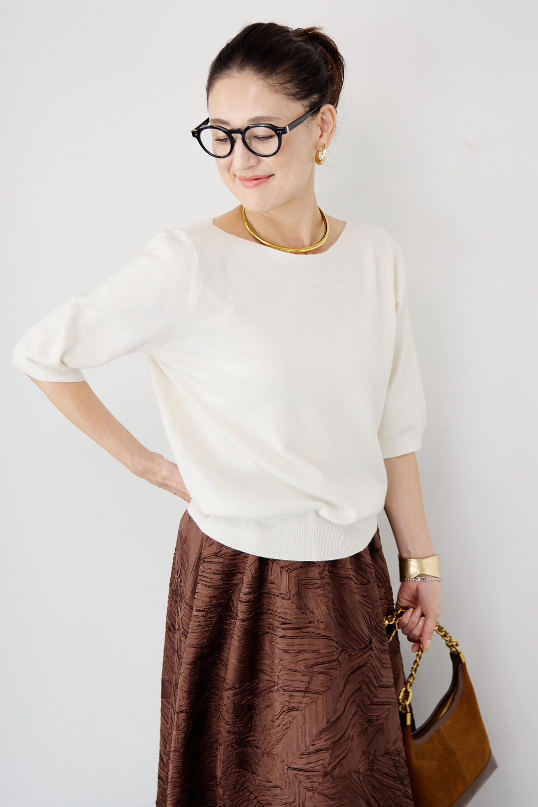 ボートネックハーフスリーブニット