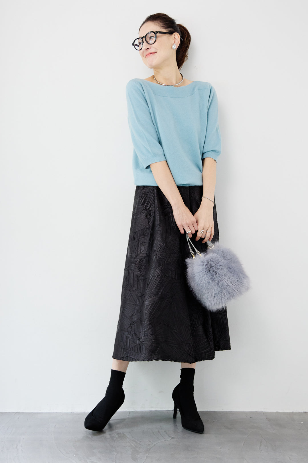 ボートネックハーフスリーブニット