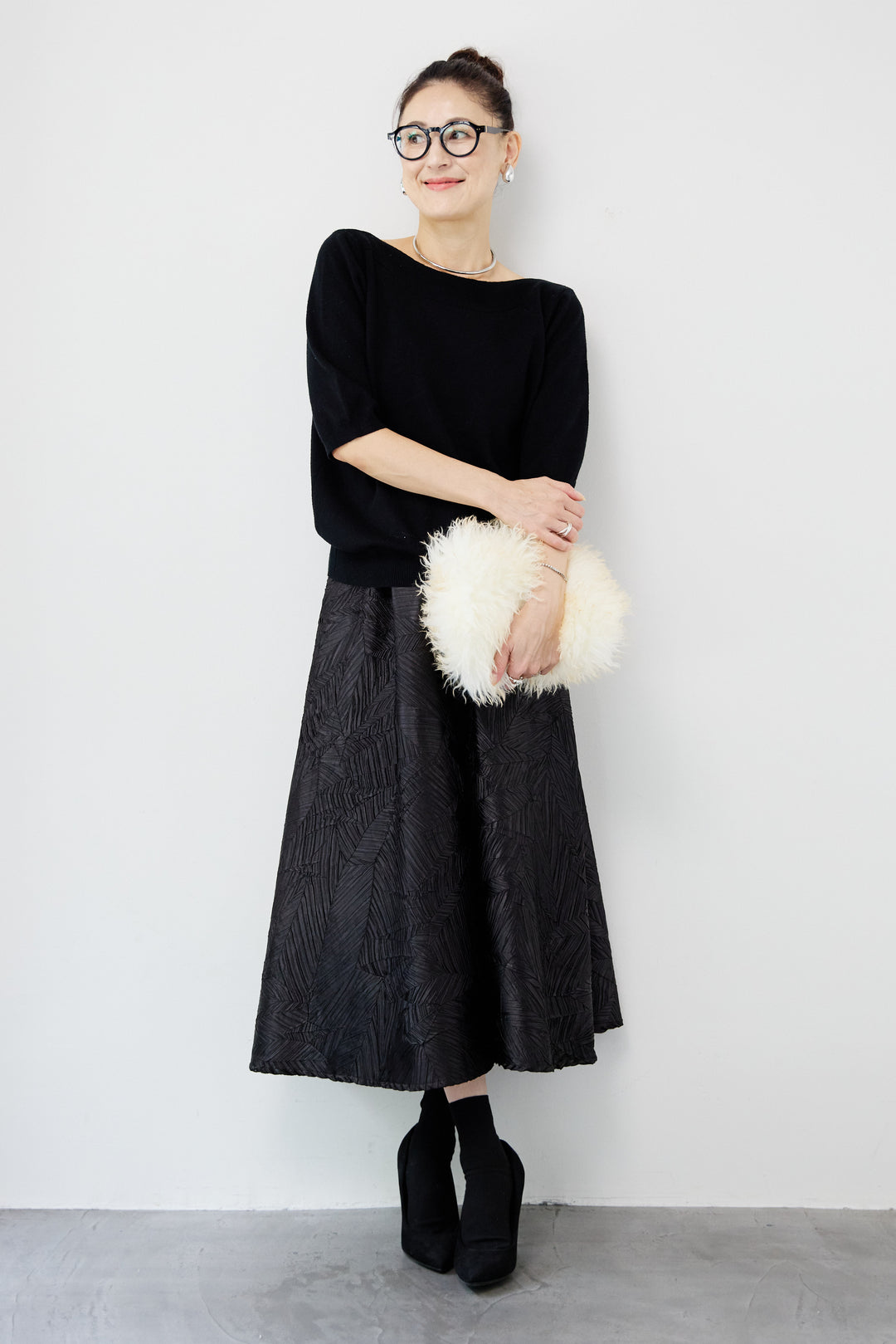 ボートネックハーフスリーブニット