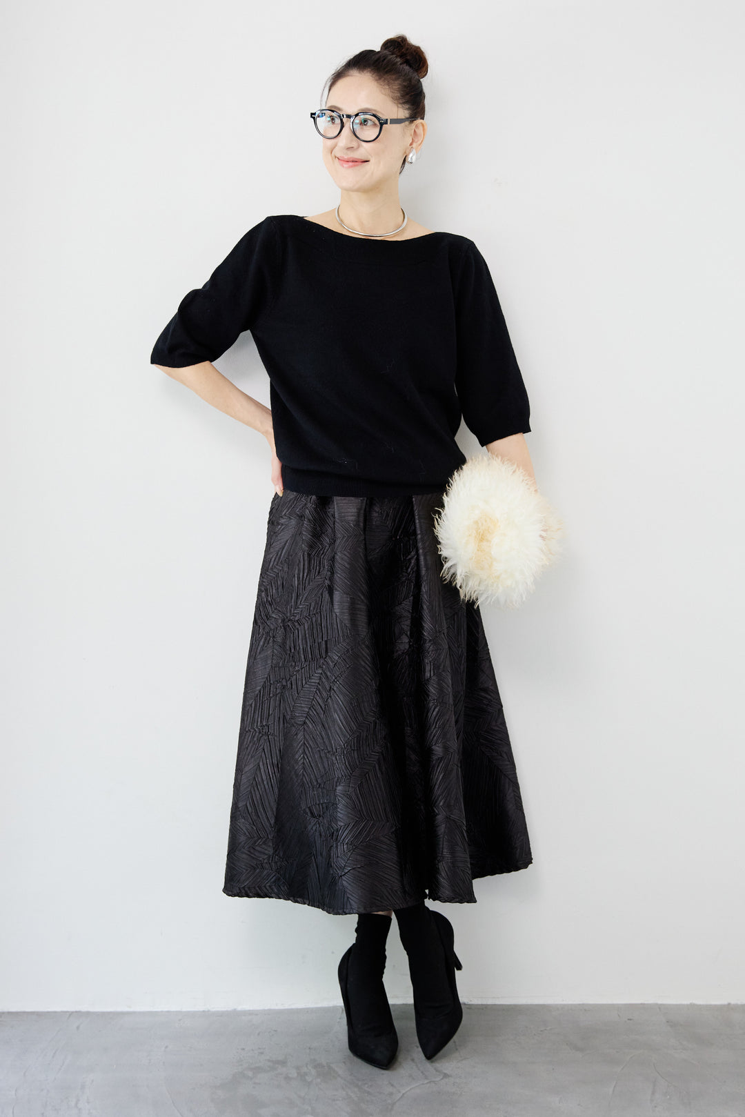 ボートネックハーフスリーブニット