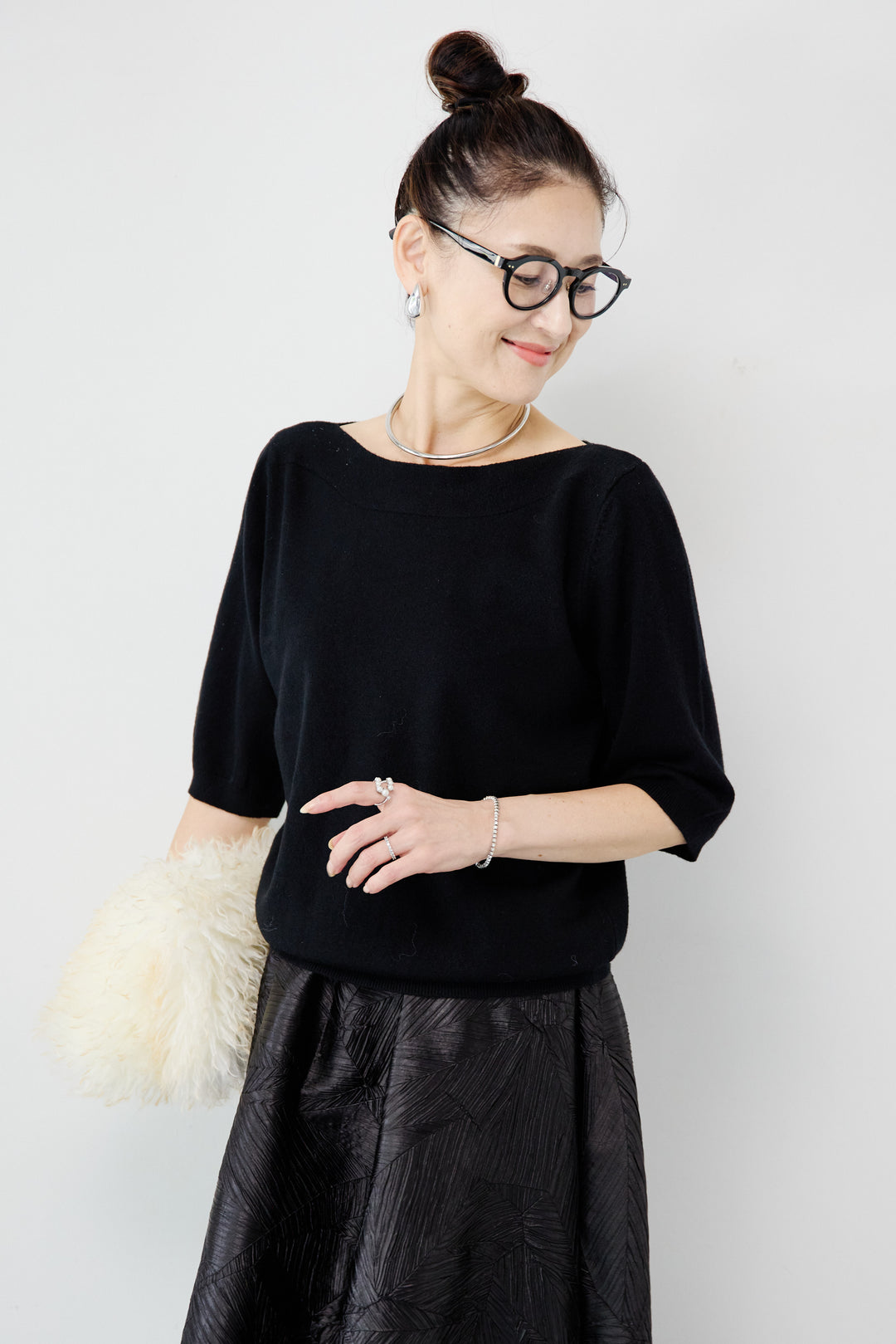 ボートネックハーフスリーブニット