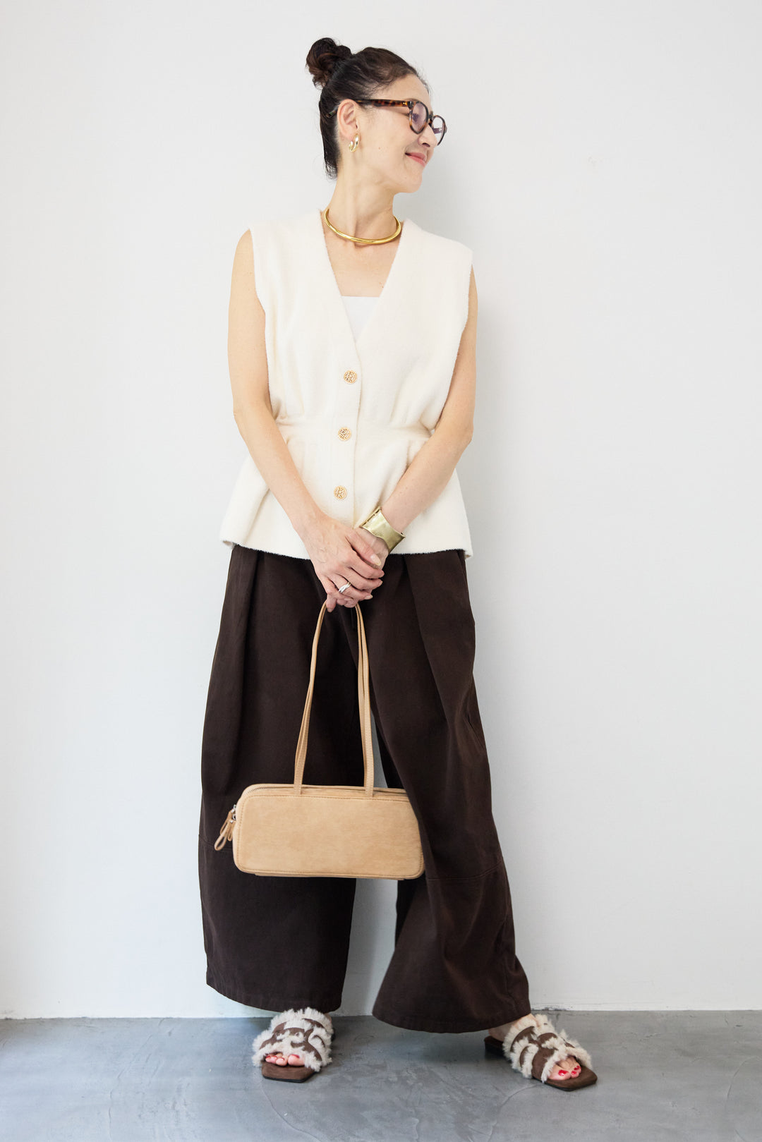 ウエストリボン微起毛ワイドパンツ