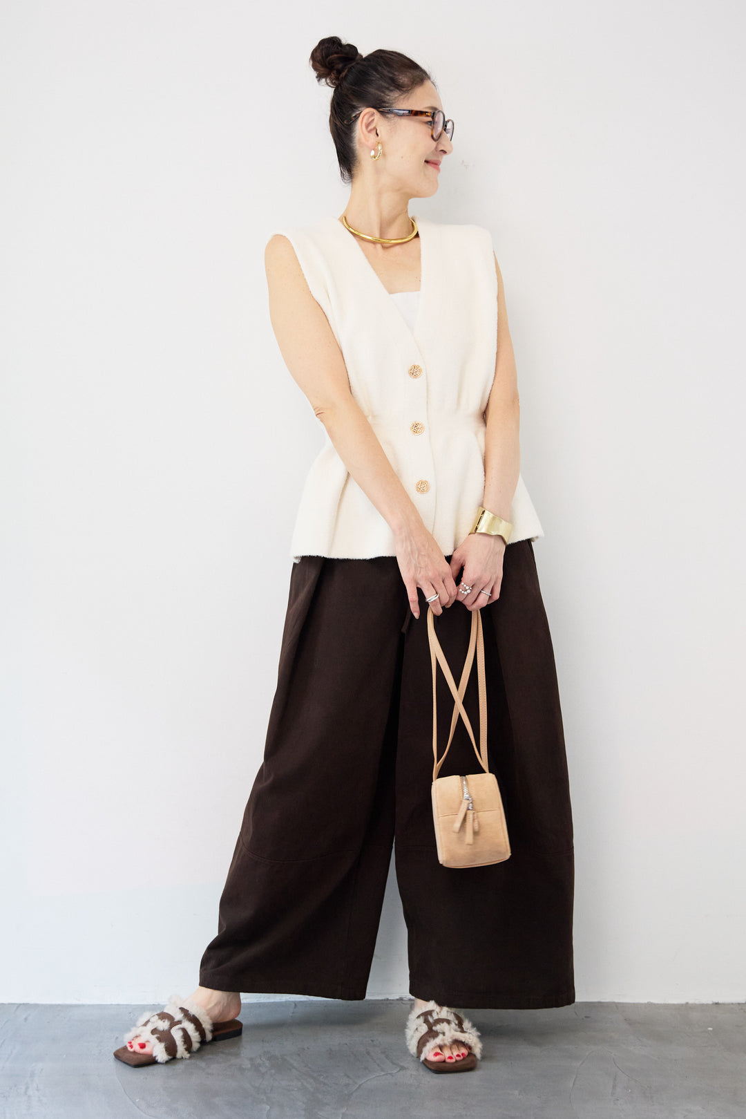 ウエストリボン微起毛ワイドパンツ