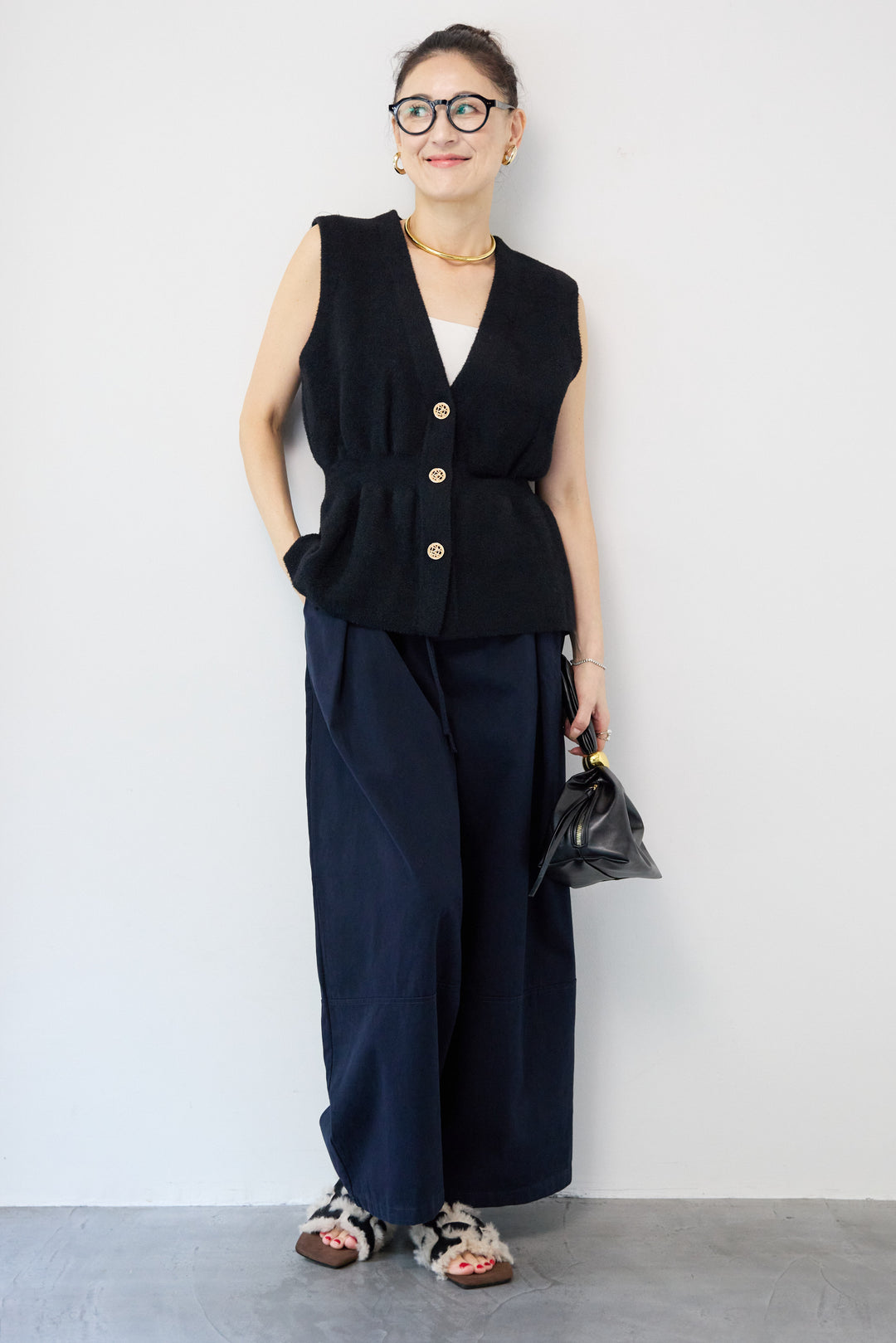 ウエストリボン微起毛ワイドパンツ