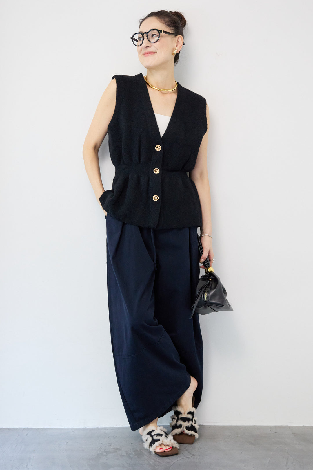 ウエストリボン微起毛ワイドパンツ