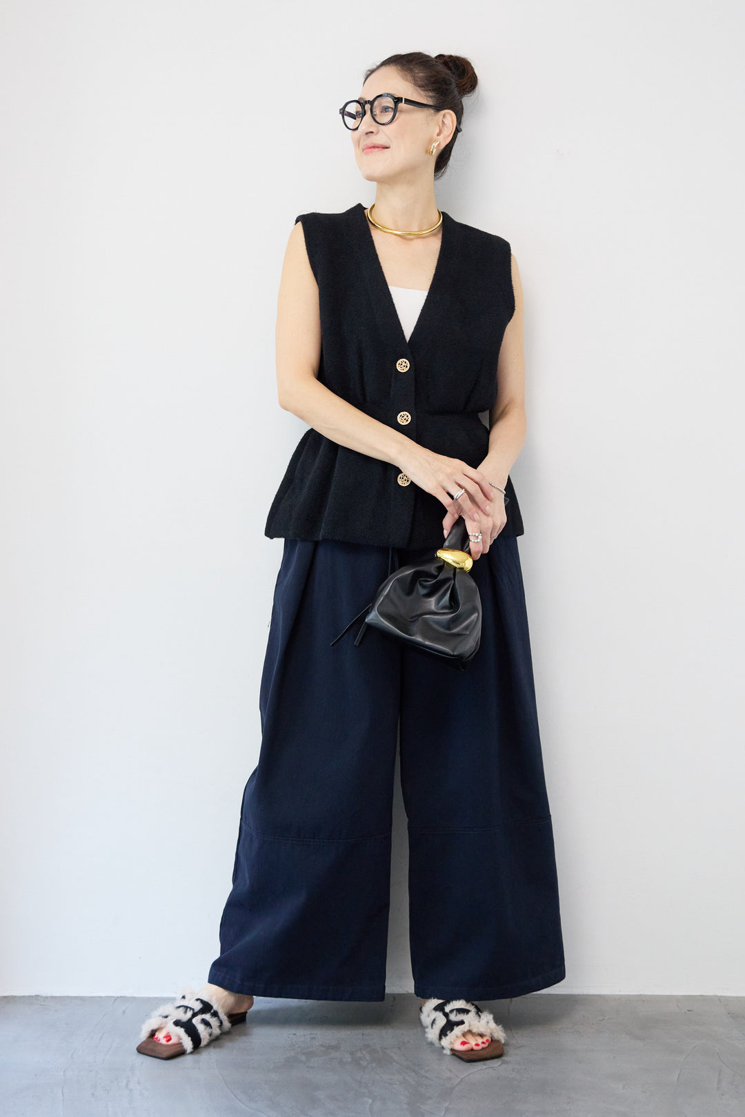 ウエストリボン微起毛ワイドパンツ