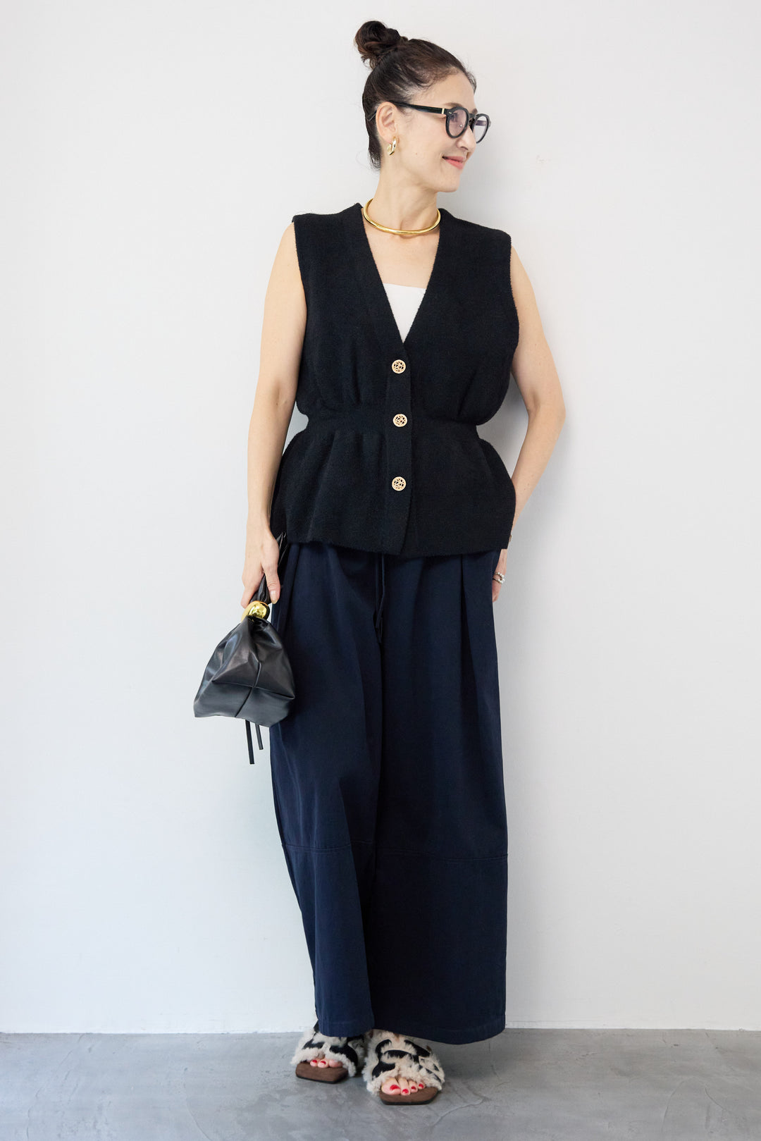 ウエストリボン微起毛ワイドパンツ