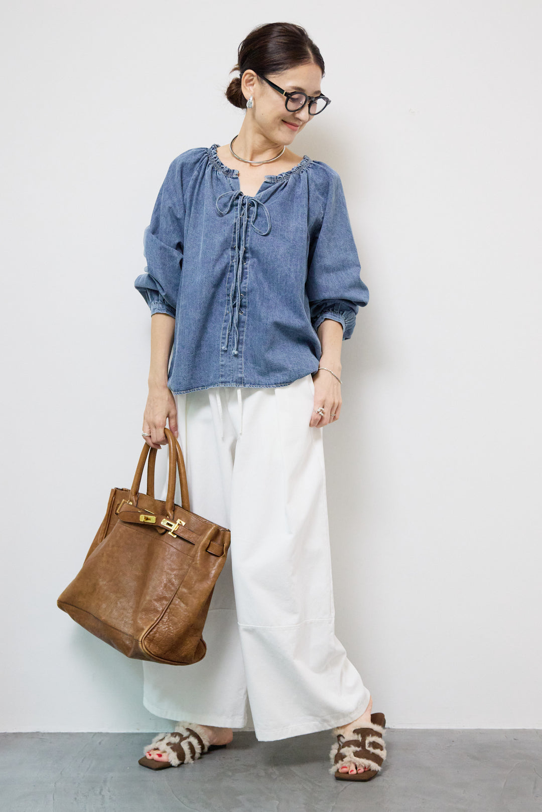 ウエストリボン微起毛ワイドパンツ