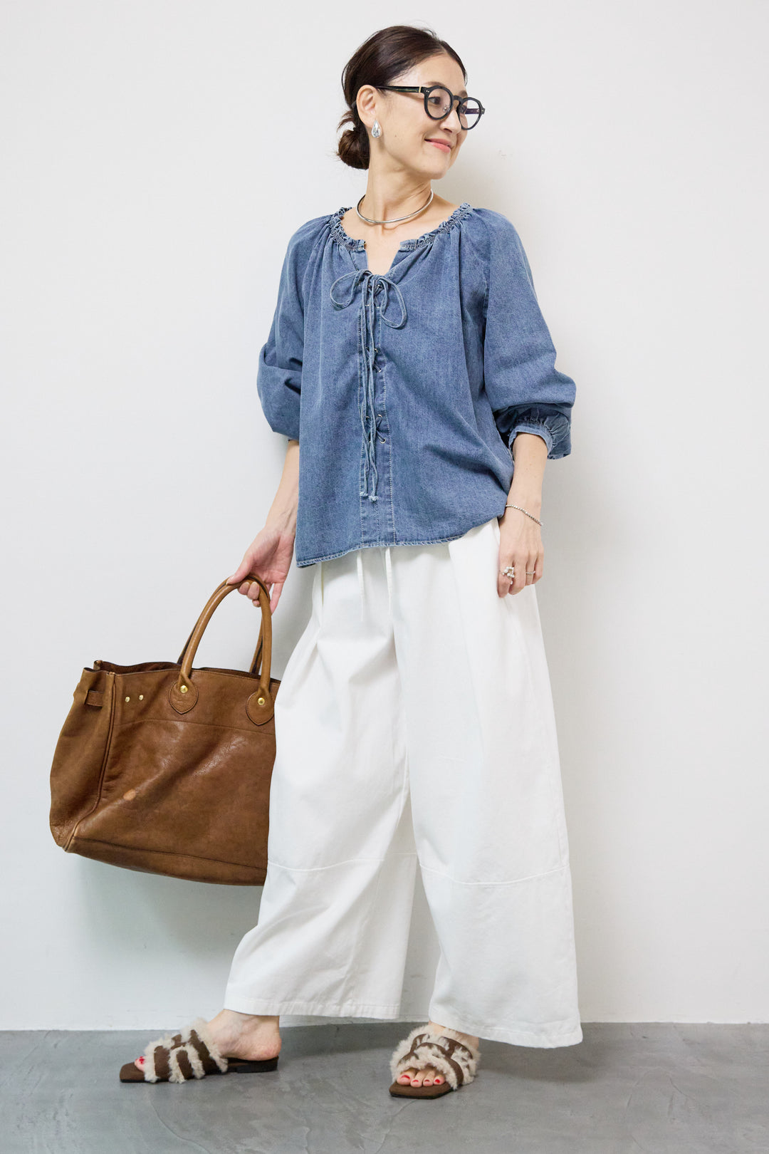 ウエストリボン微起毛ワイドパンツ