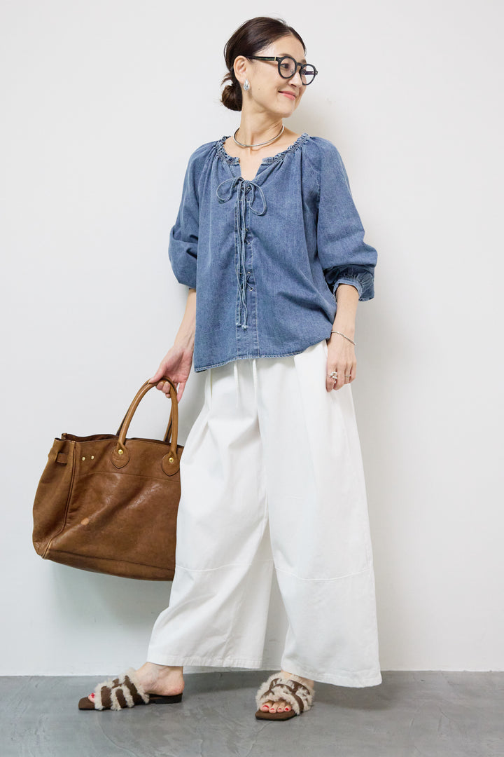 ウエストリボン微起毛ワイドパンツ