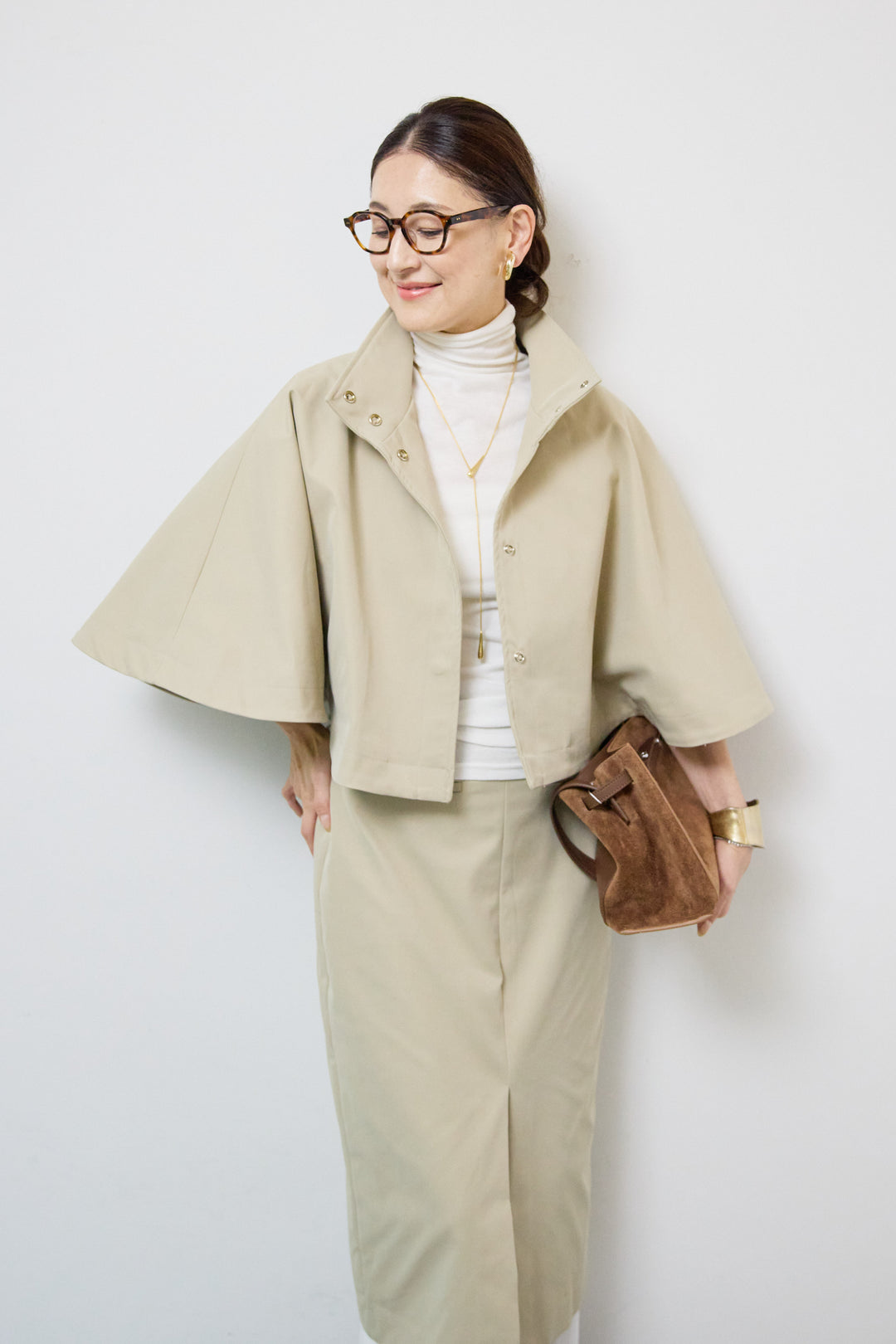 [SET]ショートケープコート+シフォンレイヤードIラインスカート(2set)