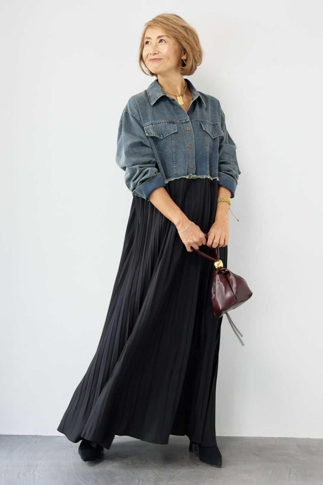 デニム切替プリーツワンピース