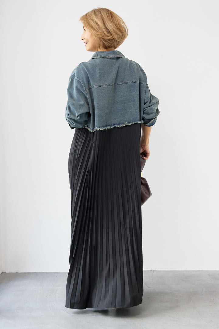 デニム切替プリーツワンピース