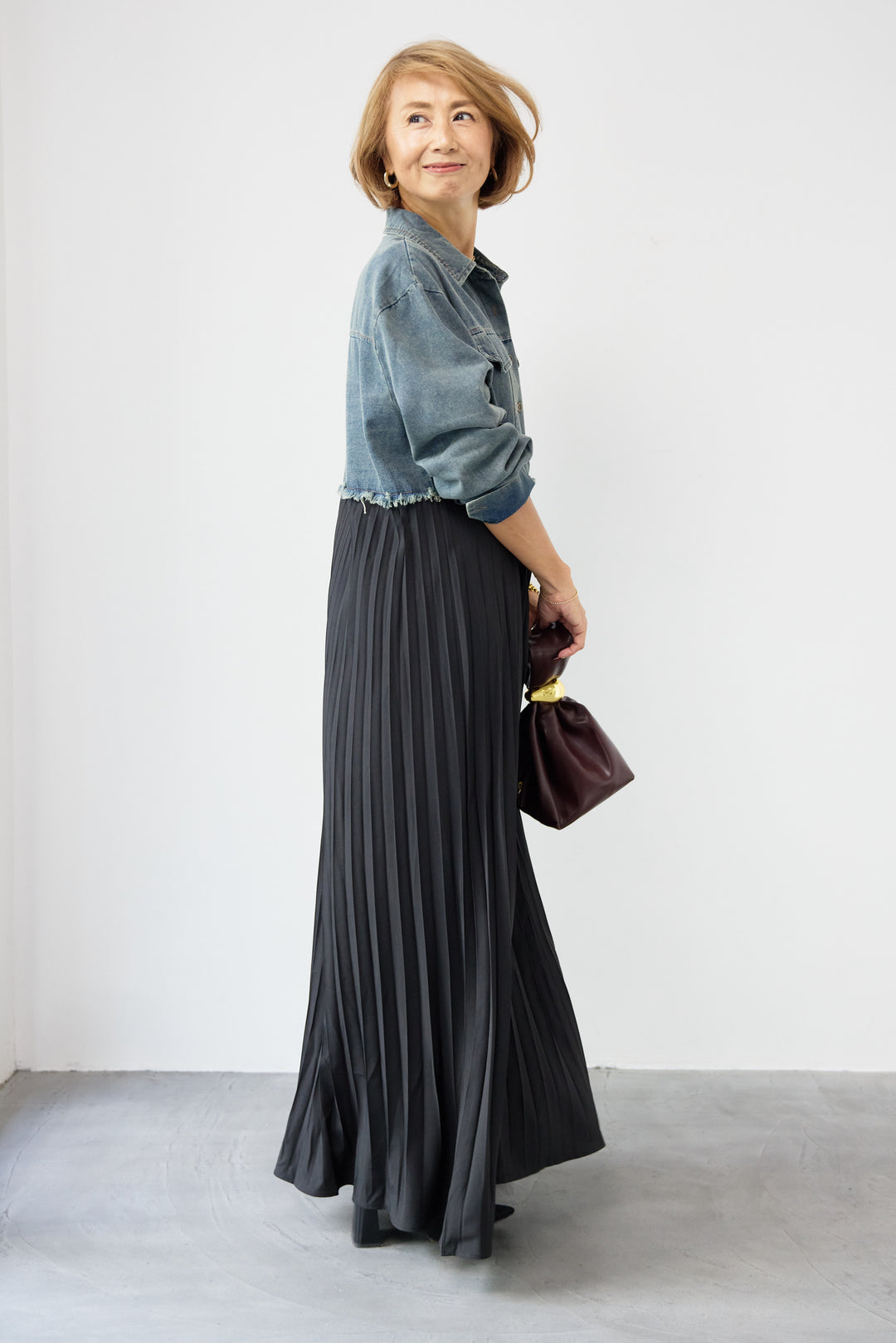 デニム切替プリーツワンピース