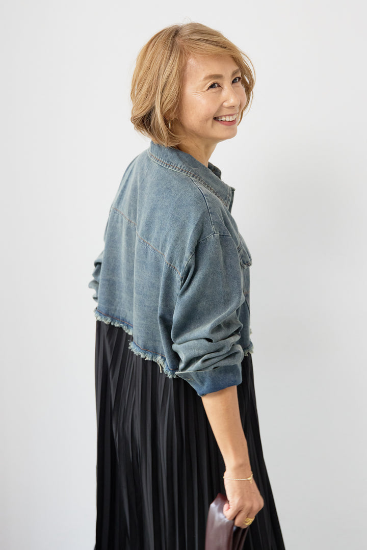 デニム切替プリーツワンピース