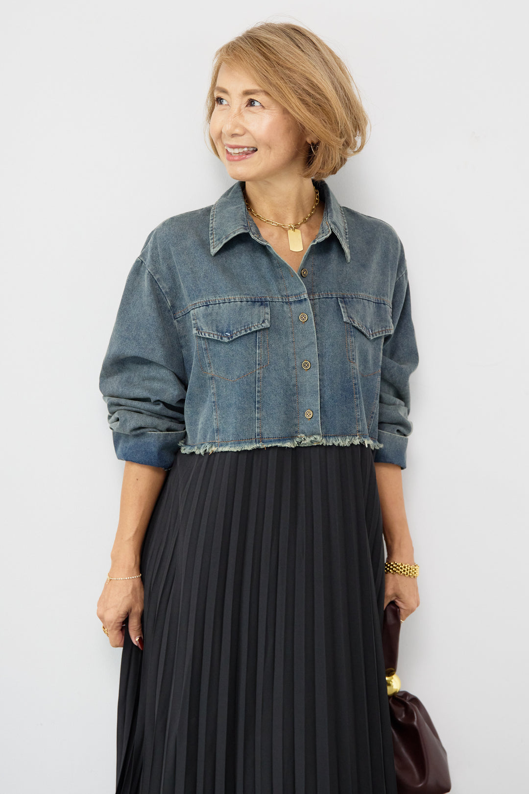 デニム切替プリーツワンピース