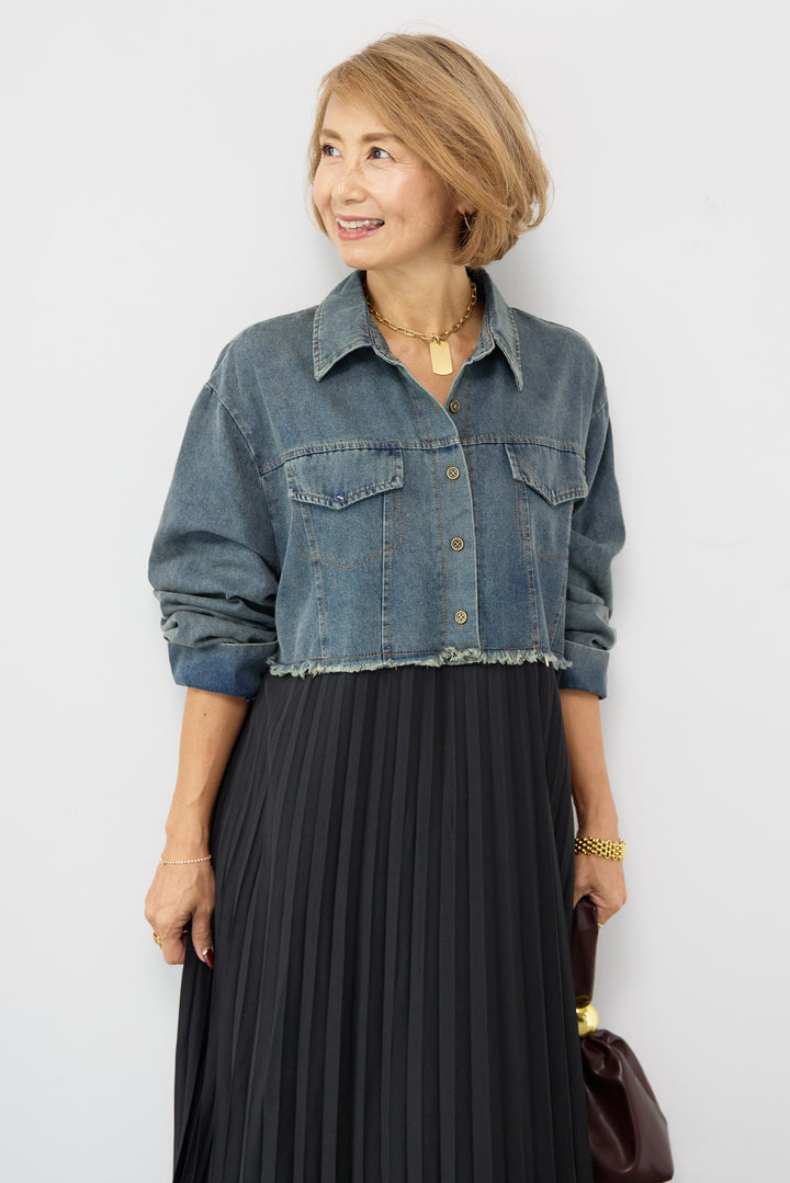 デニム切替プリーツワンピース