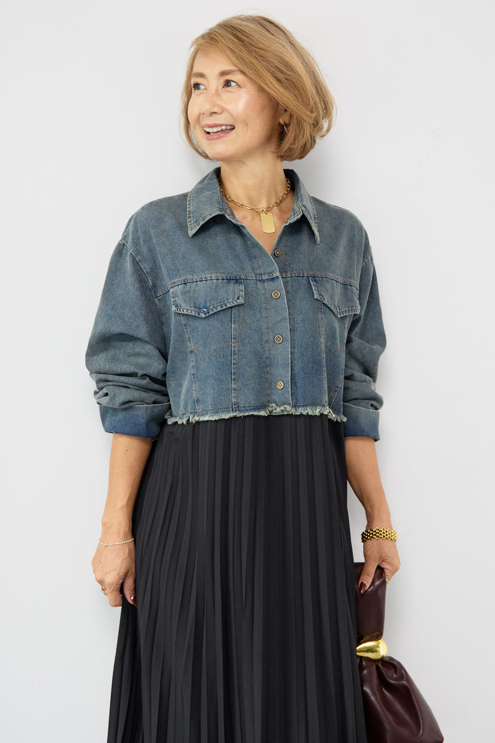 デニム切替プリーツワンピース