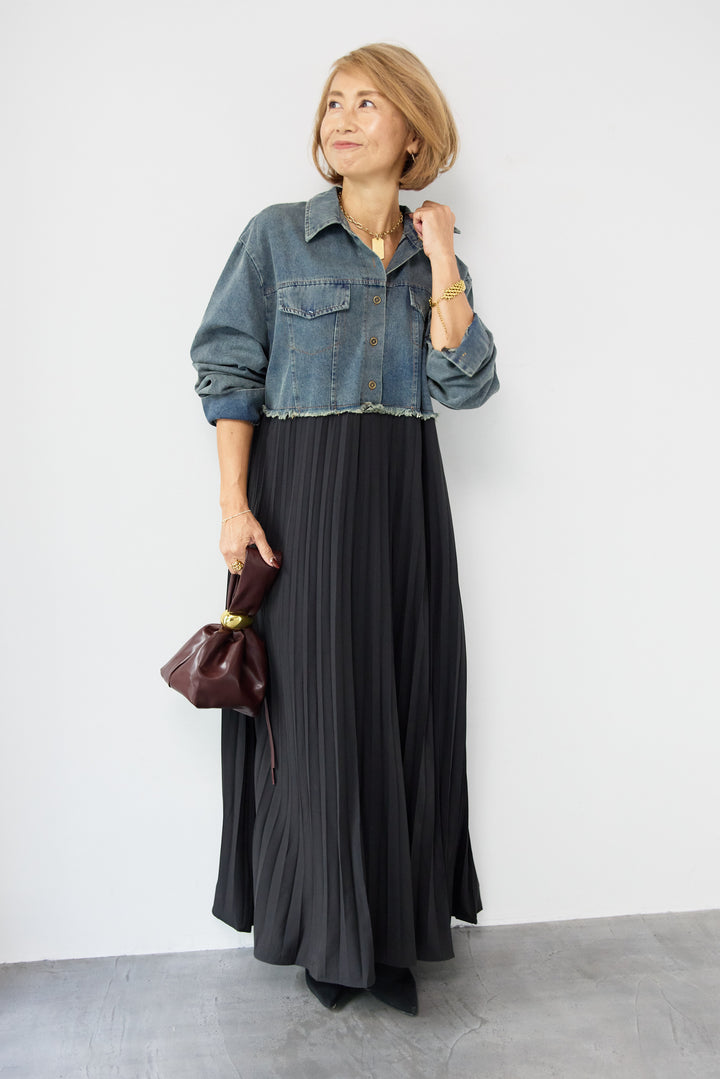 デニム切替プリーツワンピース