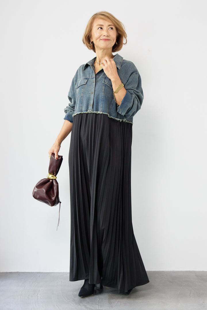 デニム切替プリーツワンピース