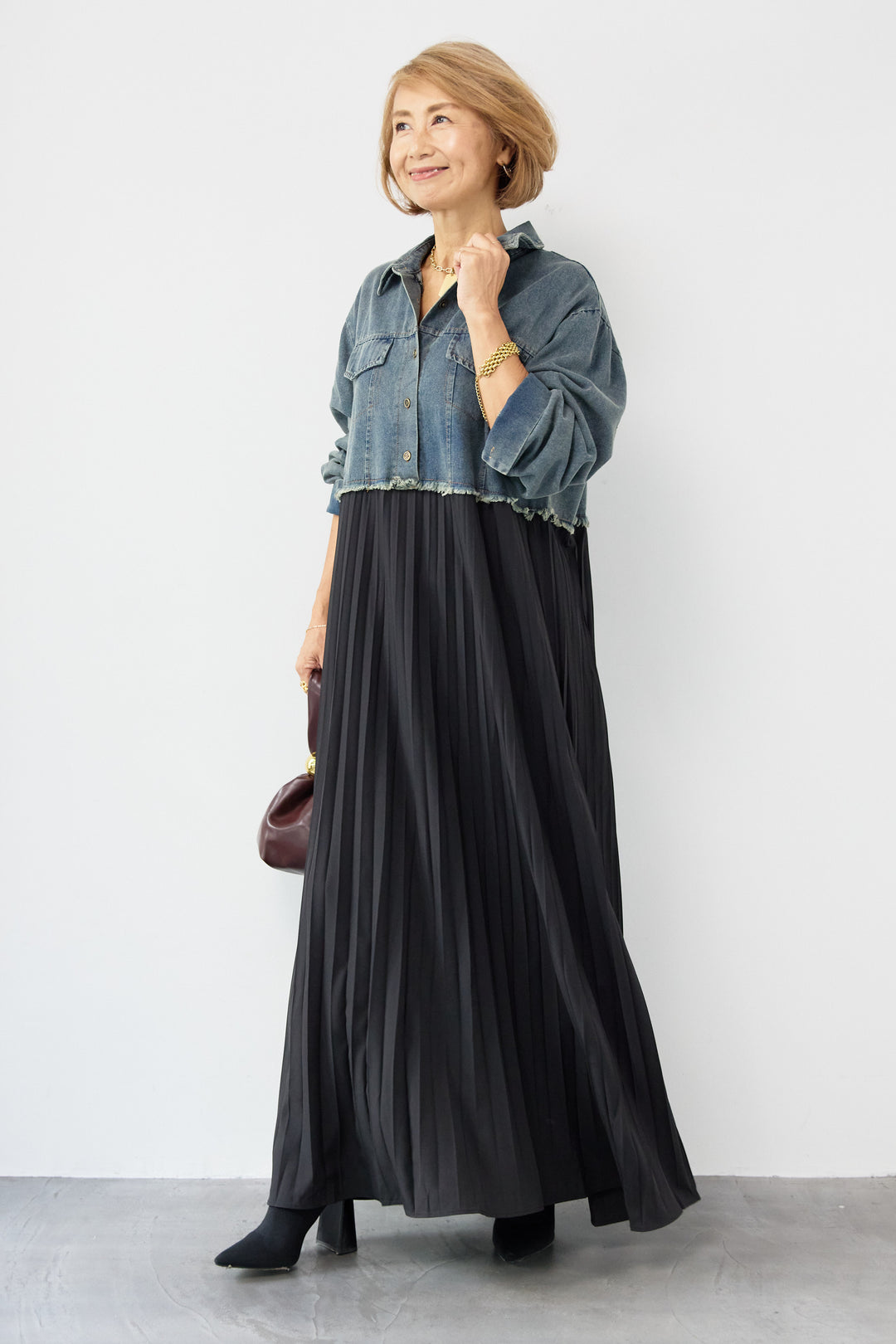 デニム切替プリーツワンピース