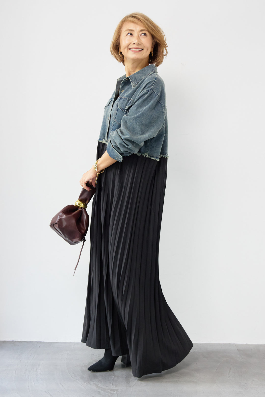 デニム切替プリーツワンピース