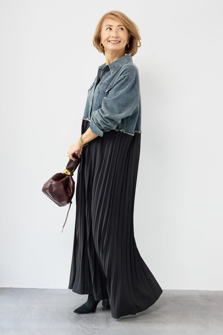 デニム切替プリーツワンピース