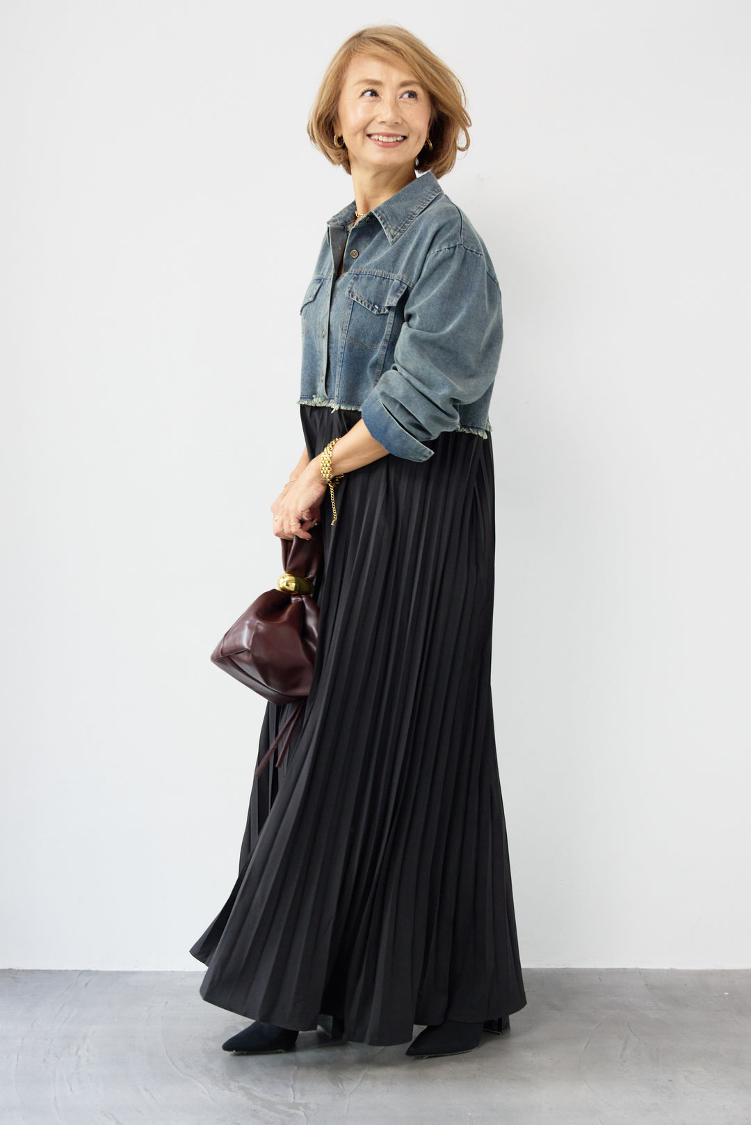 デニム切替プリーツワンピース