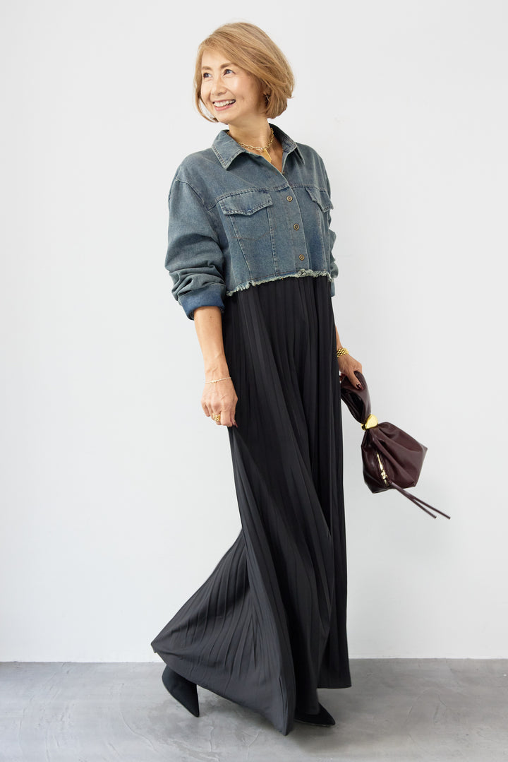 デニム切替プリーツワンピース
