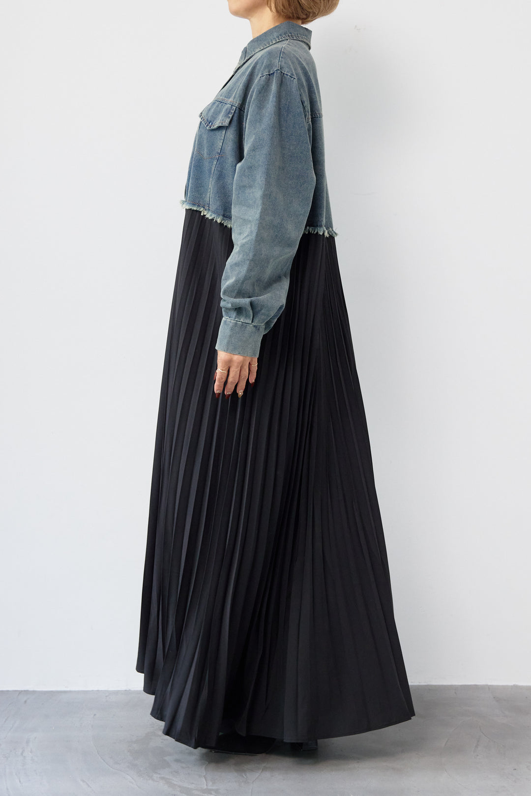 デニム切替プリーツワンピース