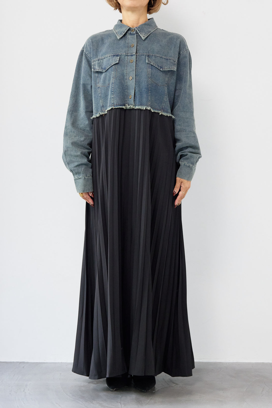 デニム切替プリーツワンピース