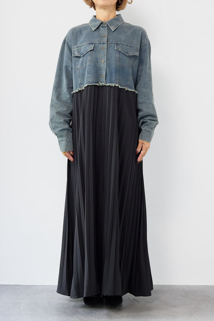 デニム切替プリーツワンピース