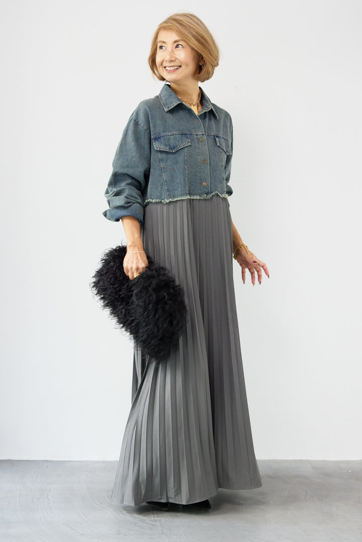 デニム切替プリーツワンピース