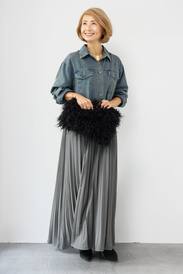 デニム切替プリーツワンピース